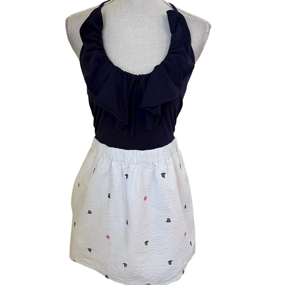Lilly Pulitzer Navy Knit/White Seersucker "Quinn" Let it Rip Halter Mini Dress S - Picture 2 of 10